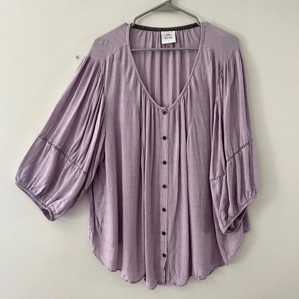 Knox Rose Light Purple Textured Button Front Peasant Boho Blouse 2X